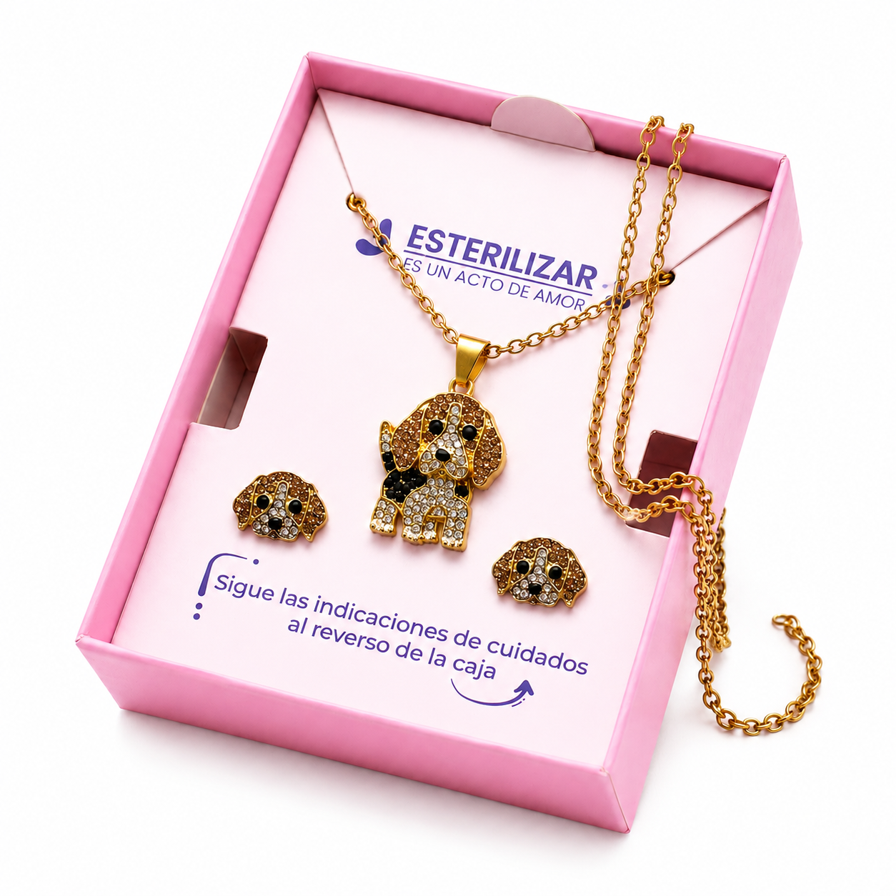Conjunto Beagle Bicolor – Dije + Aretes con Cristales