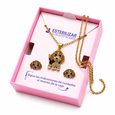 Conjunto Beagle Bicolor – Dije + Aretes con Cristales