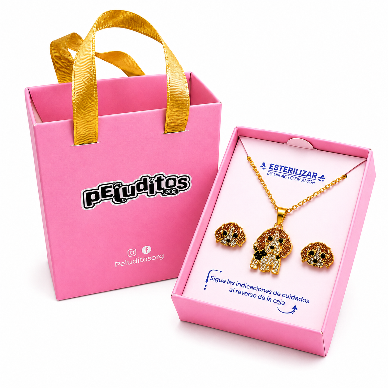 Conjunto Beagle Bicolor – Dije + Aretes con Cristales