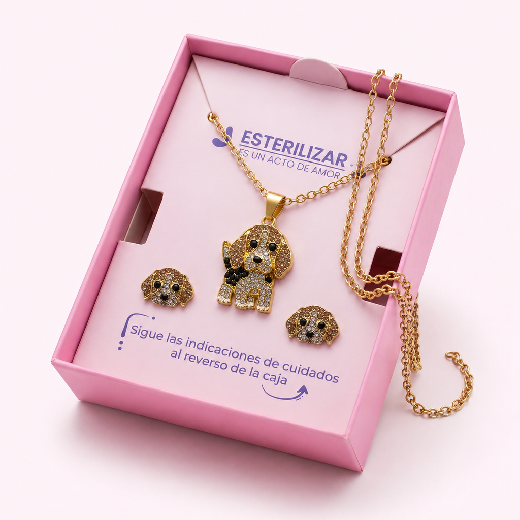 Conjunto Beagle Bicolor – Dije + Aretes con Cristales