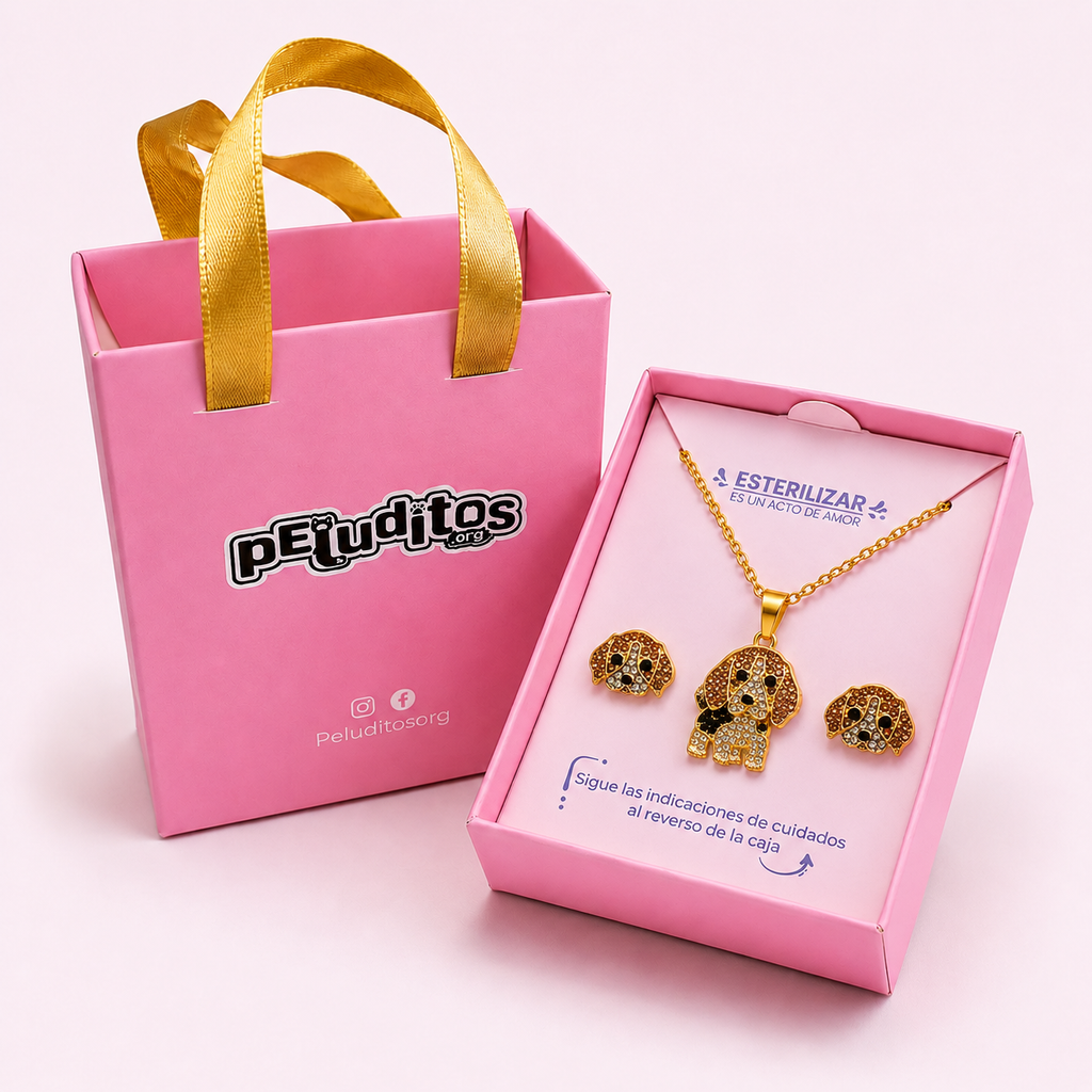 Conjunto Beagle Bicolor – Dije + Aretes con Cristales