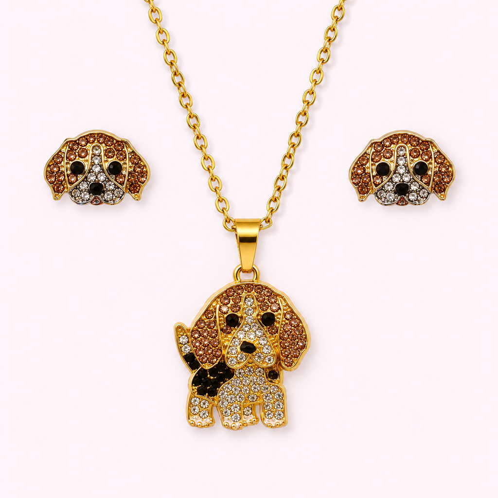 Conjunto Beagle Bicolor – Dije + Aretes con Cristales
