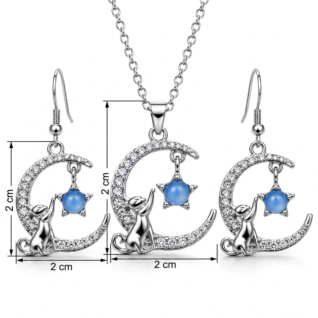 Conjunto Gato plateado media luna estrella