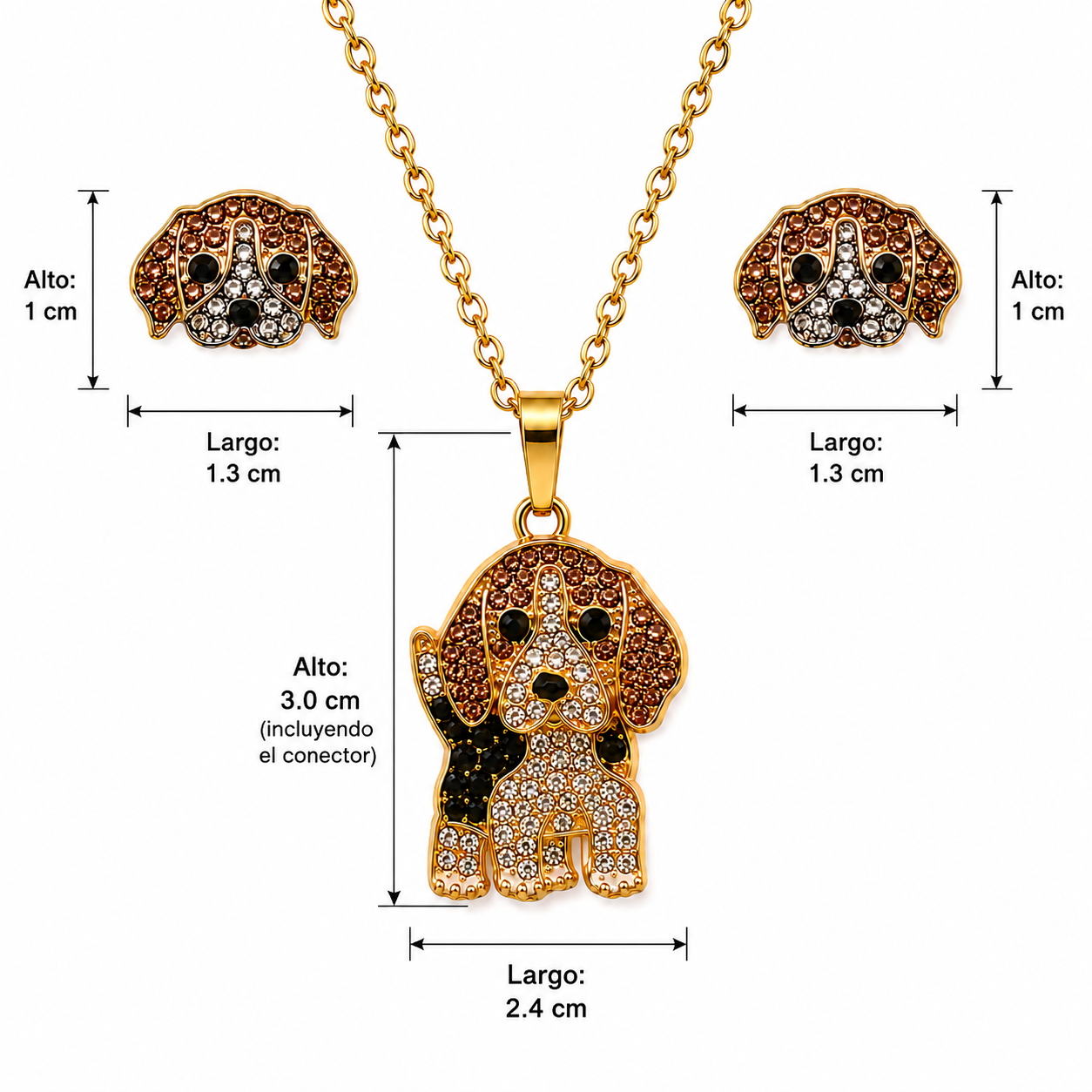 Conjunto Beagle Bicolor – Dije + Aretes con Cristales