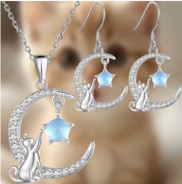 Conjunto Gato plateado media luna estrella