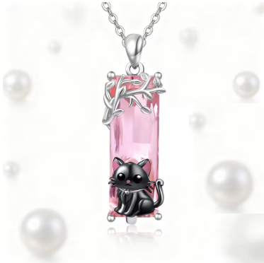 Dije + Cadena Gato sobre cristal rosa