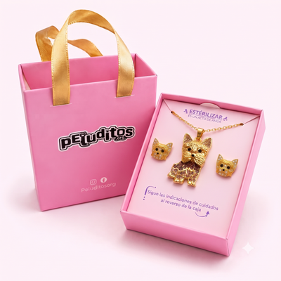 Conjunto Yorkshire Terrier Dorado – Dije + Aretes con Cristales