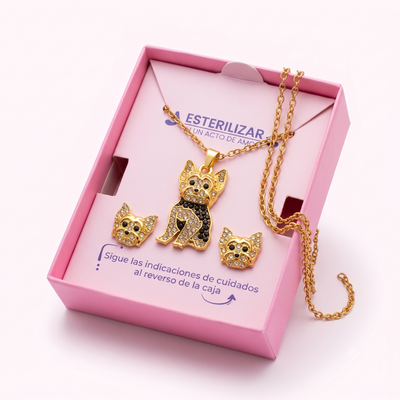 Conjunto Yorkshire Terrier Dorado – Edición Brillante con Cristales Negros