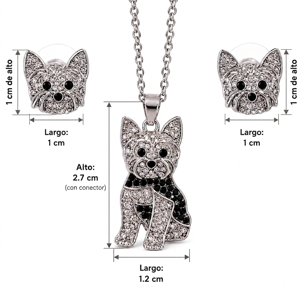 Conjunto Yorkie Plateado – Dije + Aretes con Cristales incluye caja de lujo