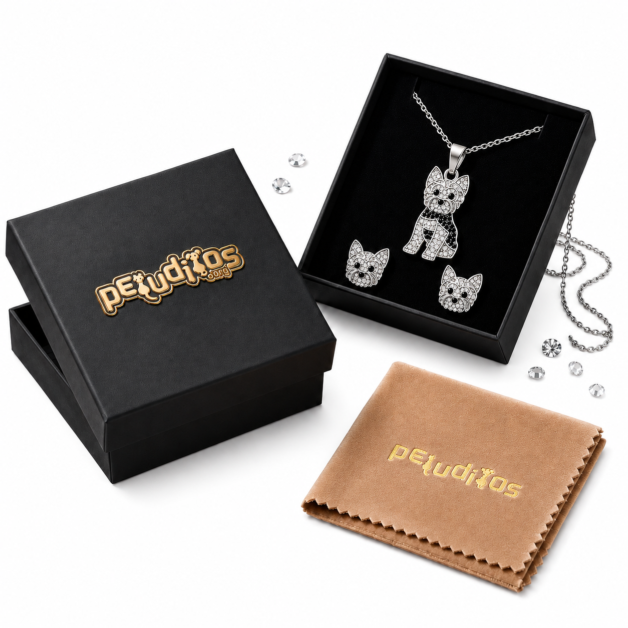 Conjunto Yorkie Plateado – Dije + Aretes con Cristales incluye caja de lujo