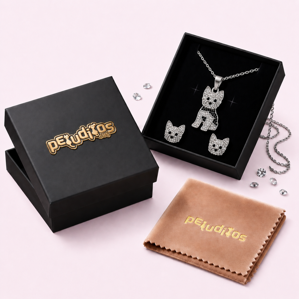Conjunto Yorkie Plateado – Dije + Aretes con Cristales incluye caja de lujo