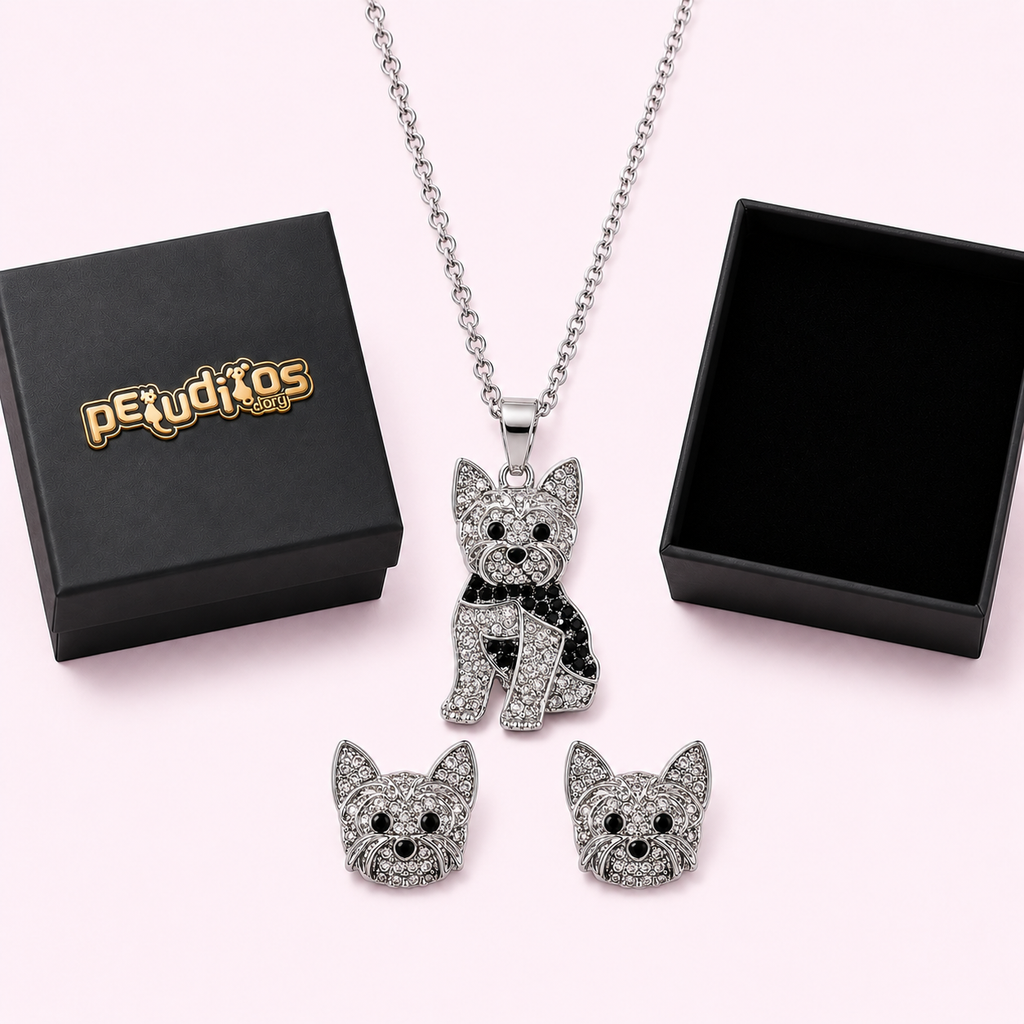 Conjunto Yorkie Plateado – Dije + Aretes con Cristales incluye caja de lujo