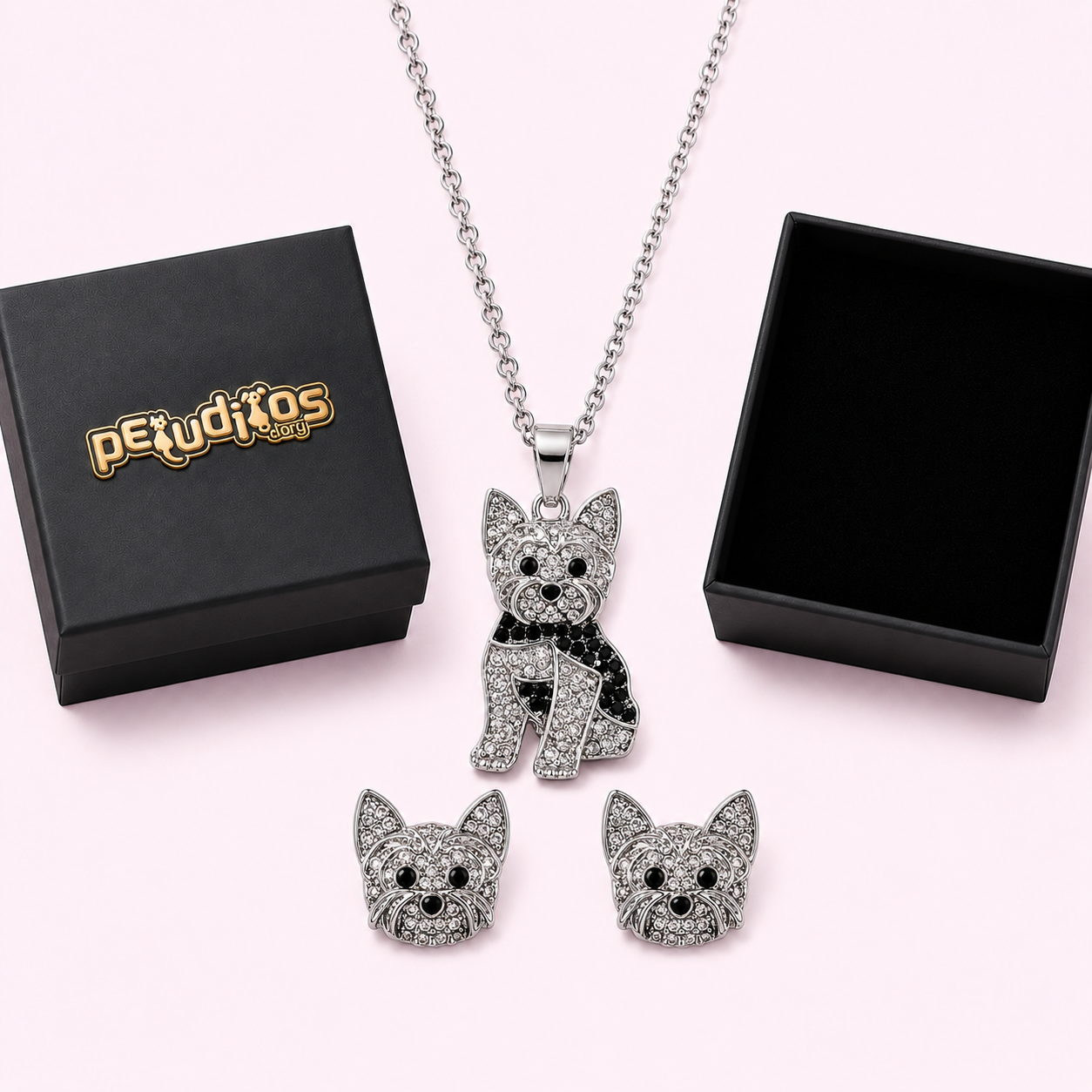 Conjunto Yorkie Plateado – Dije + Aretes con Cristales incluye caja de lujo