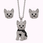 Conjunto Yorkie Plateado – Dije + Aretes con Cristales incluye caja de lujo