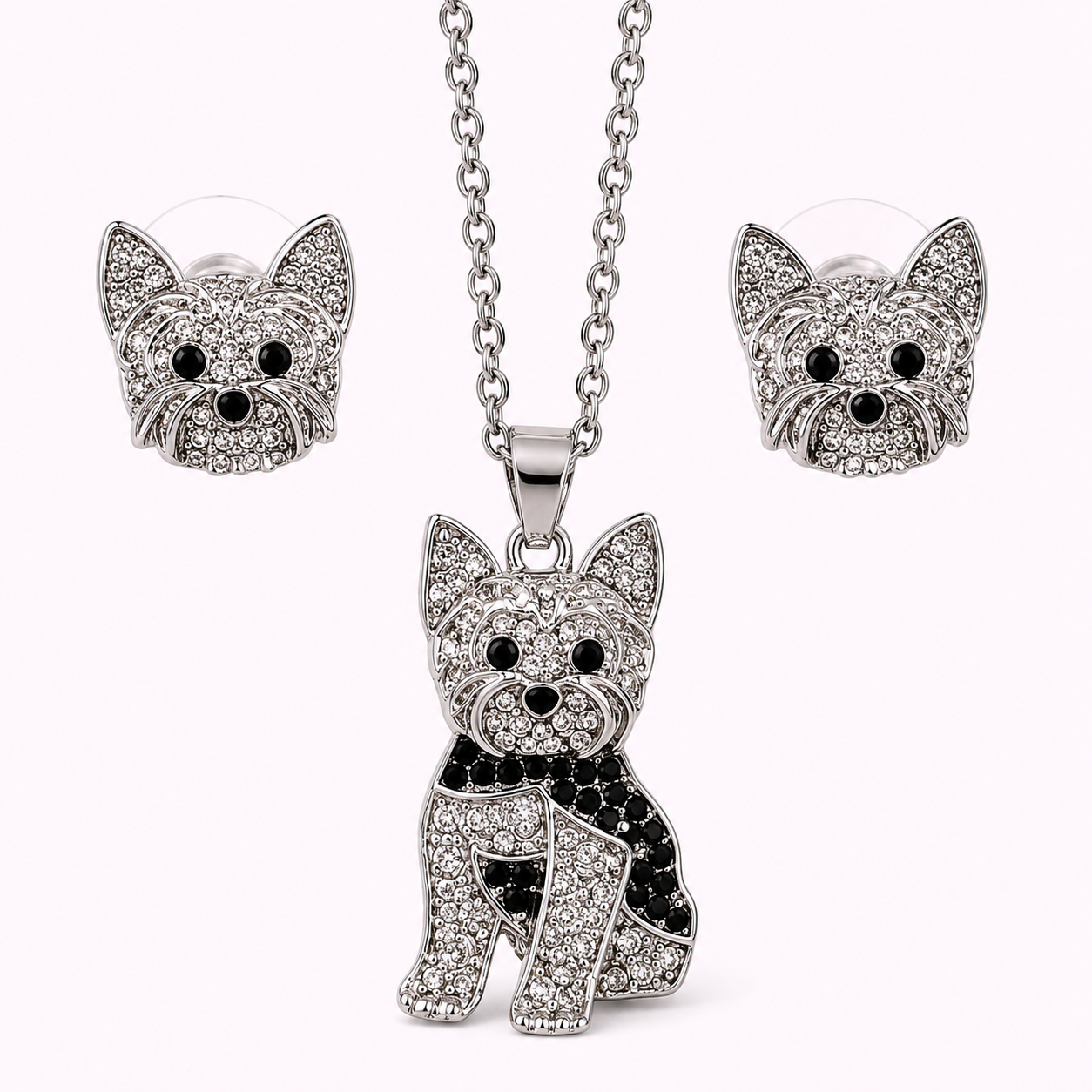 Conjunto Yorkie Plateado – Dije + Aretes con Cristales incluye caja de lujo