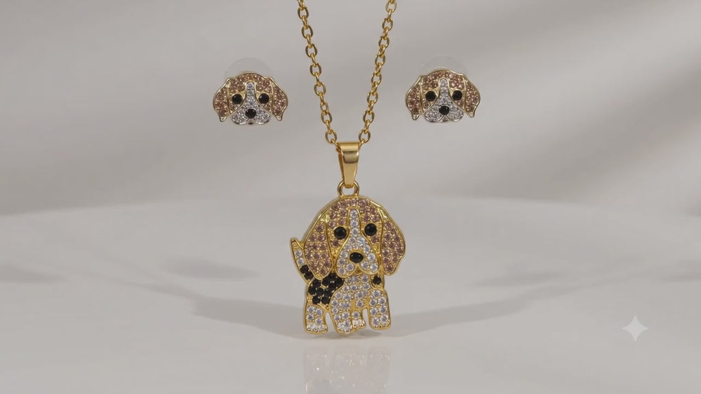 Conjunto Beagle Dorado – Dije + Aretes con Cristales