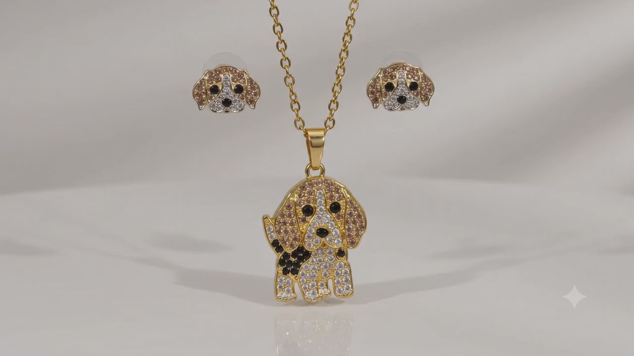 Conjunto Beagle Dorado – Dije + Aretes con Cristales